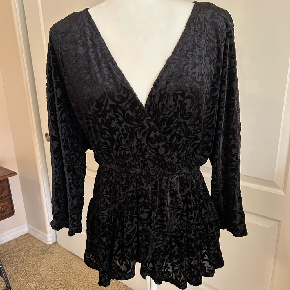 Anthropologie Black Burnout Velvet Top